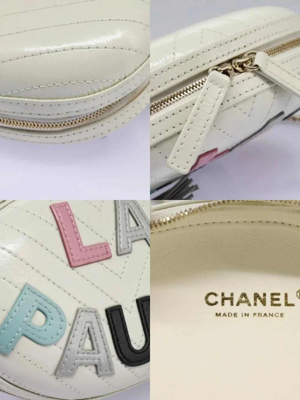 CHANEL V Stitch LA PAUSA Chain Shoulder Bag Leather White CC Auth bs23014SAV